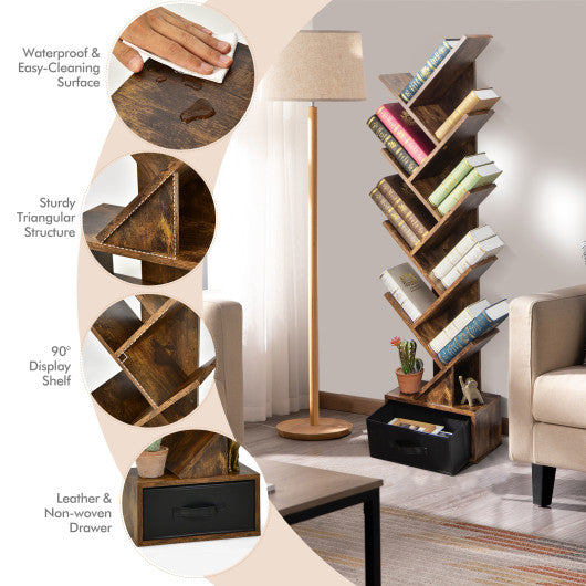 10-tier Tree Bookshelf with Drawer Free-standing Storage Bookcase