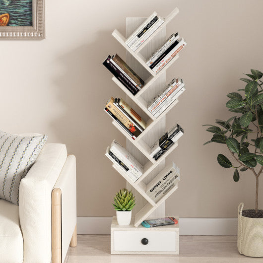 10-Tier Tree Bookshelf with Drawer and Anti-Tipping Kit-Beige