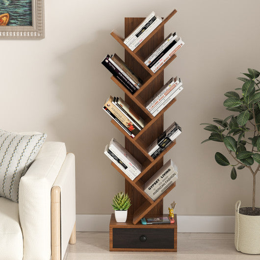 10-Tier Tree Bookshelf with Drawer and Anti-Tipping Kit-Brown