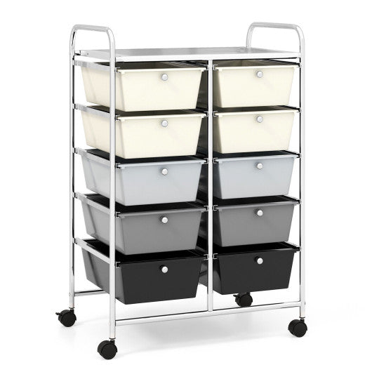 10-Drawer Rolling Storage Cart-Beige & Gray