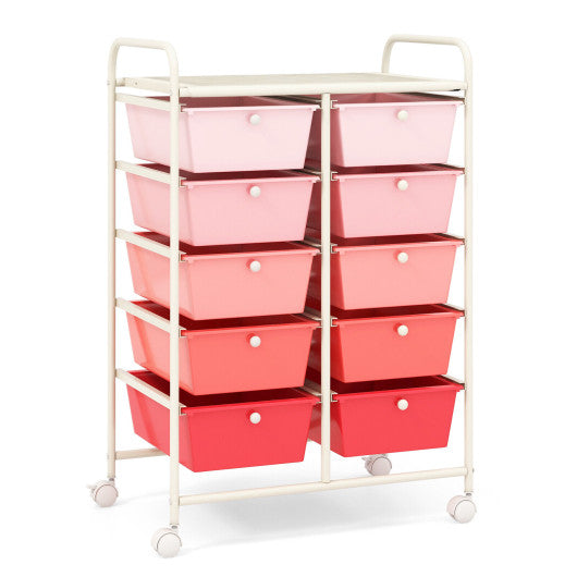 10-Drawer Rolling Storage Cart-Pink