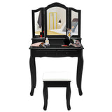 4 Drawers Wood Mirrored Vanity Dressing Table with Stool-Black