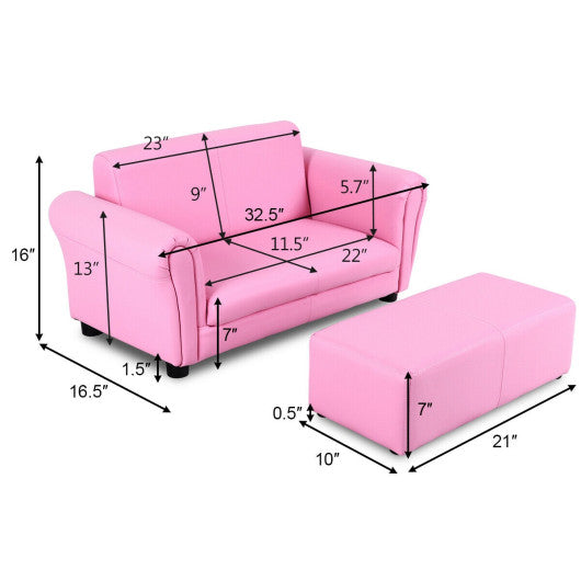 Soft Kids Double Sofa with Ottoman-Pink