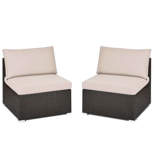 2 Pieces Patio Rattan Armless Sofa Set with 2 Cushions and 2 Pillows-Brown