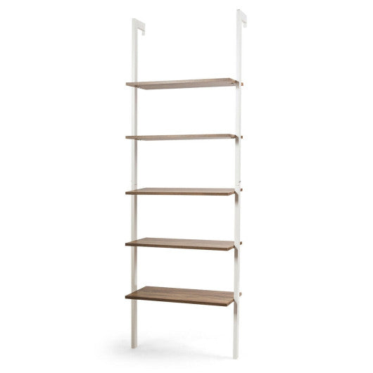 5-Tier Wood Look Ladder Shelf with Metal Frame for Home-White