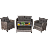 4 Pieces Patio Rattan Furniture Set Coffee Table Cushioned Sofa-Gray