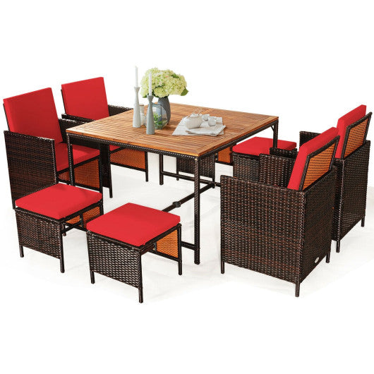 9 Pieces Patio Rattan Dining Cushioned Chairs Set-Red