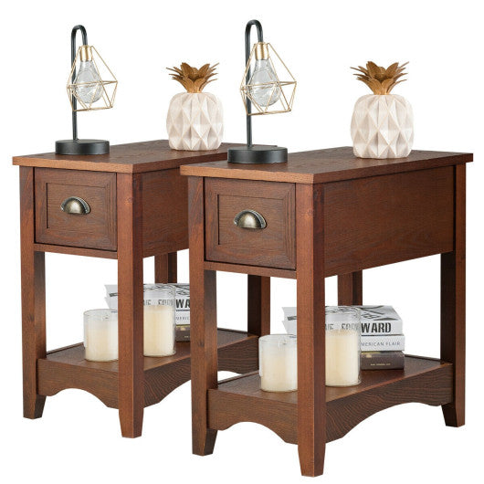 Set of 2 Contemporary Side End Table with Drawer-Walnut