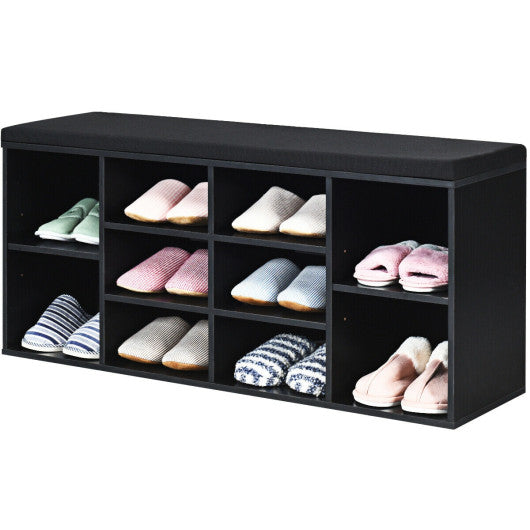 10-Cube Organizer Shoe Storage Bench with Cushion for Entryway-Black