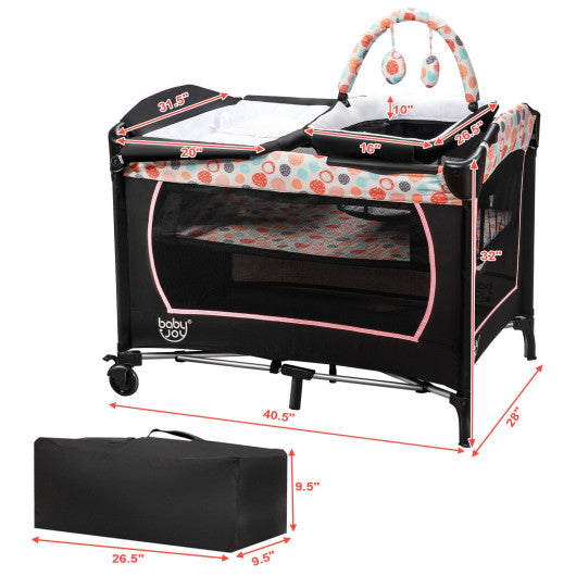 4-in-1 Convertible Portable Baby Playard with Changing Station-Pink