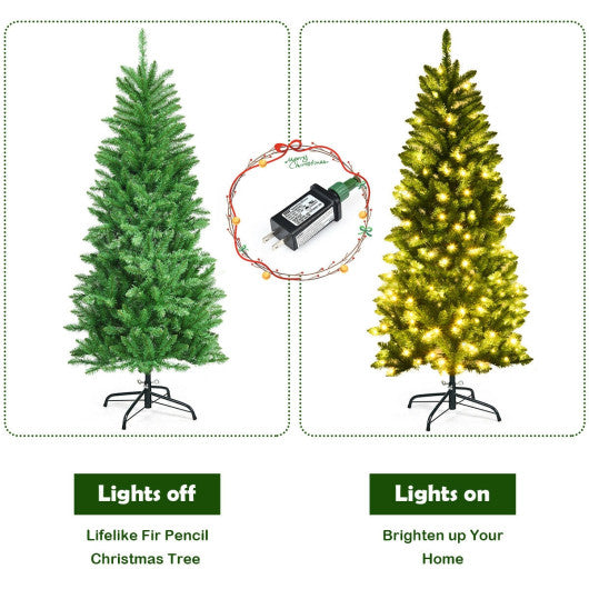 5 Feet PVC Hinged Pre-lit Artificial Fir Pencil Christmas Tree with 150 Warm White UL-listed Lights-5 ft