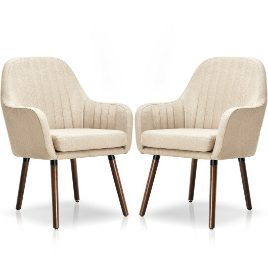 Set of 2 Fabric Upholstered Accent Chairs with Wooden Legs-Beige