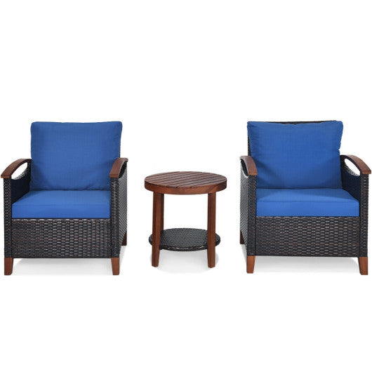 3 Pieces Patio Rattan Furniture Set with Washable Cushion and Acacia Wood Tabletop-Blue