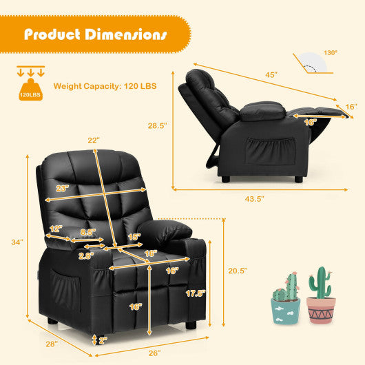 PU Leather Kids Recliner Chair with Cup Holders and Side Pockets-Black