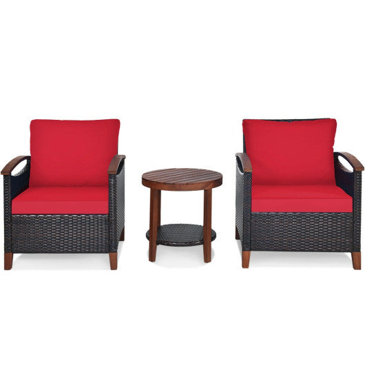 3 Pieces Patio Rattan Furniture Set with Washable Cushion and Acacia Wood Tabletop-Red