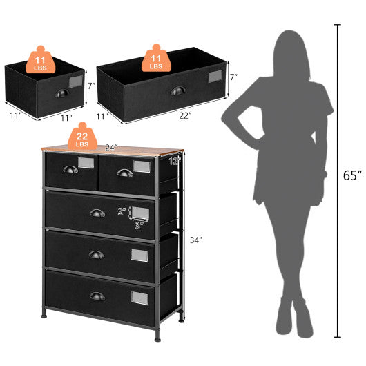 5-Drawer Storage Dresser with Labels and Removable Fabric Bins-Black