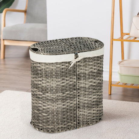 Handwoven Laundry Hamper Basket with 2 Removable Liner Bags-Gray