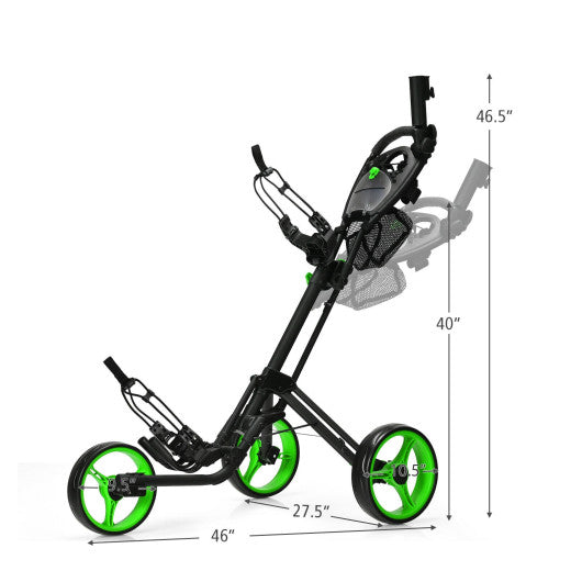 Folding 3 Wheels Golf Push Cart with Brake Scoreboard Adjustable Handle-Green
