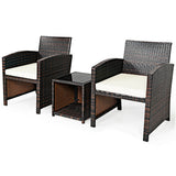 3 Pieces PE Rattan Wicker Furniture Set with Cushion Sofa Coffee Table for Garden-White