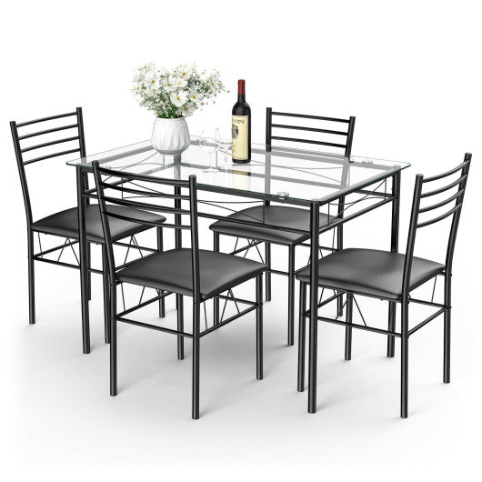 5 Pieces Dining Set with Tempered Glass Top Table and 4 Upholstered Chairs