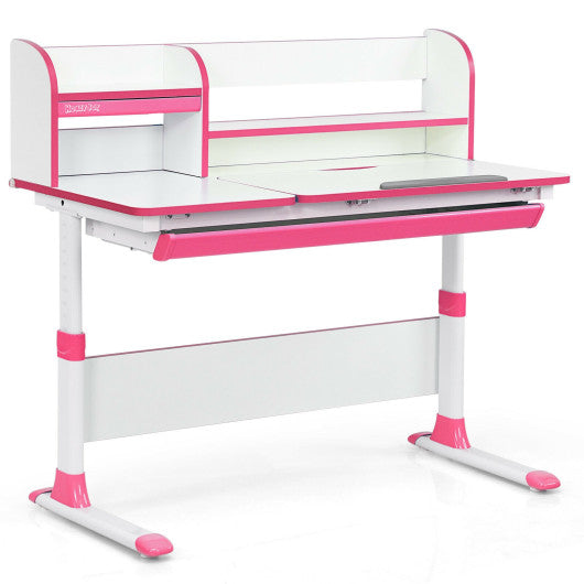 Adjustable Height Study Desk with Drawer and Tilted Desktop for School and Home-Pink