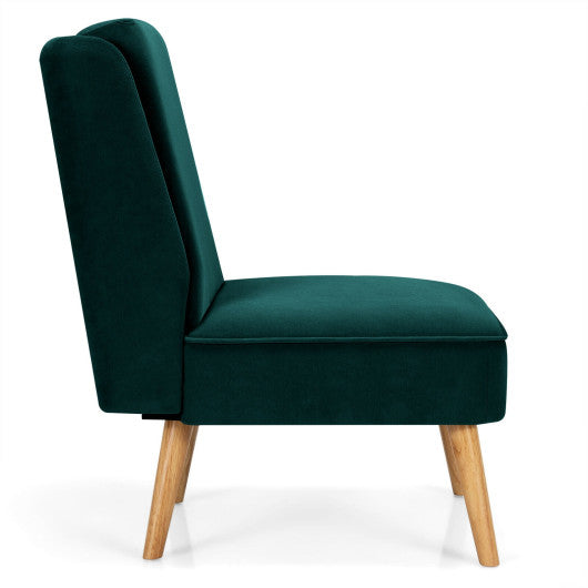 Velvet Accent Armless Side Chair with Rubber Wood Legs for Bedroom-Green
