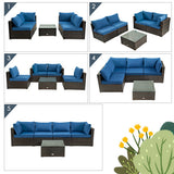 5 Pieces Cushioned Patio Rattan Furniture Set with Glass Table-Navy