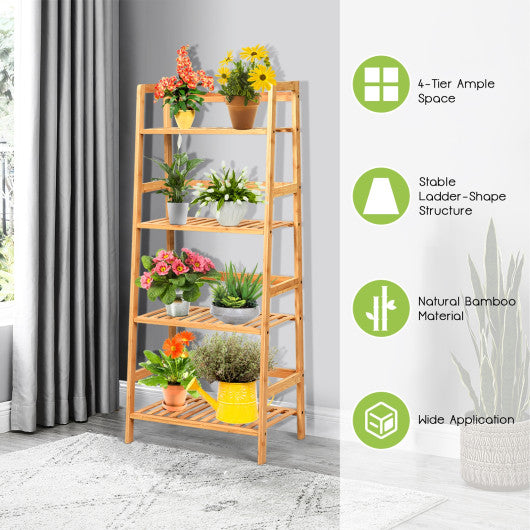4-Tier Bamboo Plant Rack with Guardrails Stable and Space-Saving-Natural