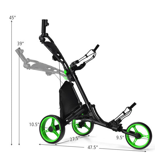 Folding 3 Wheels Golf Push Cart with Bag Scoreboard Adjustable Handle-Green
