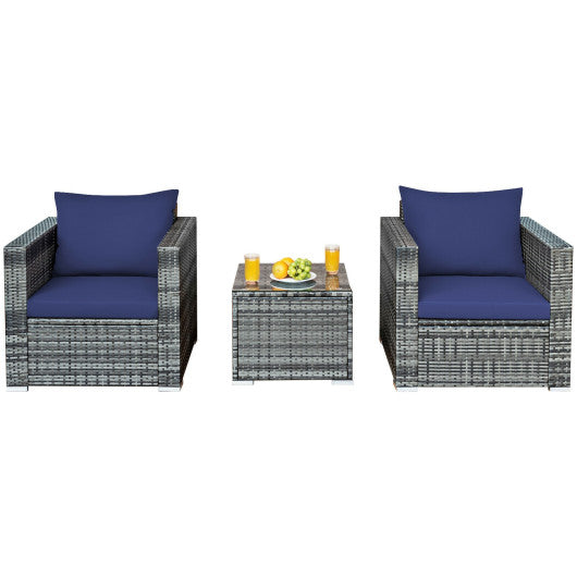 3 Pcs Patio Rattan Furniture Bistro Sofa Set with Cushioned-Navy