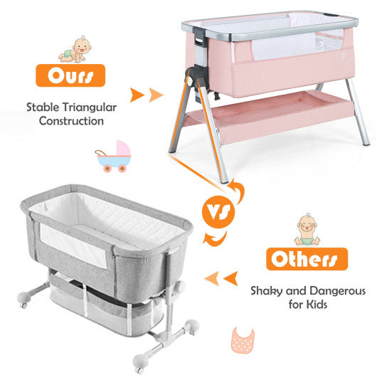 Baby Bassinet Bedside Sleeper with Storage Basket and Wheel for Newborn-Pink