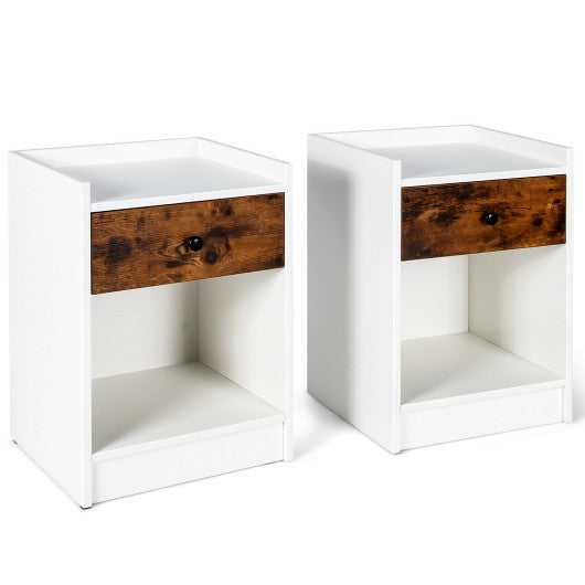 Set of 2 Nightstand with Drawer Cabinet End Side Table Raised Top-White