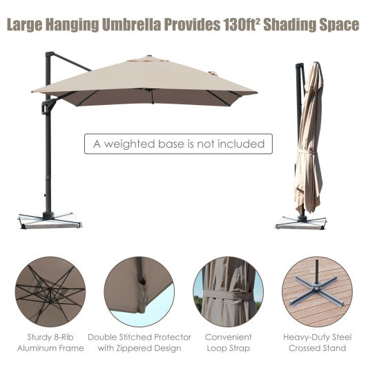 10 x 13 Feet Rectangular Cantilever Umbrella with 360° Rotation Function-Brown