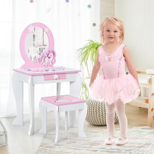 Kids Wooden Makeup Dressing Table and Chair Set with Mirror and Drawer-White