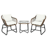 3 Pieces Patio Rattan Bistro Set Cushioned Chair Glass Table Deck-White