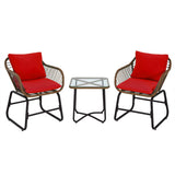 3 Pieces Patio Rattan Bistro Set Cushioned Chair Glass Table Deck-Red