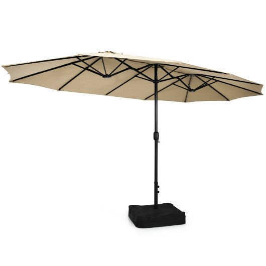 15 Feet Double-Sided Twin Patio Umbrella with Crank and Base-Beige