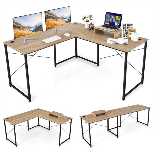 95 Inch 2-Person L-Shaped Long Reversible Computer Desk with Monitor Stand-Natural