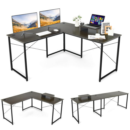 95 Inch 2-Person L-Shaped Long Reversible Computer Desk with Monitor Stand-Brown