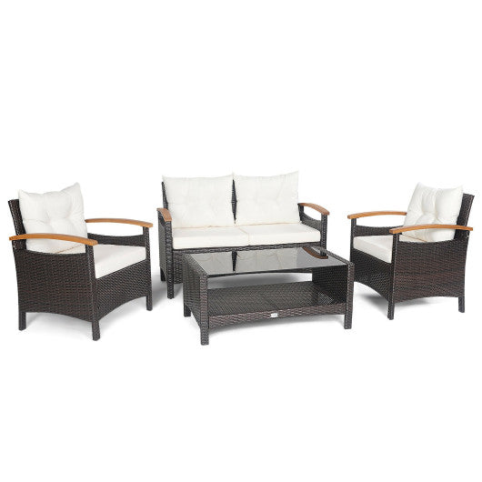 4 Pieces Patio Rattan Furniture Set with Cushioned Sofa and Storage Table-White