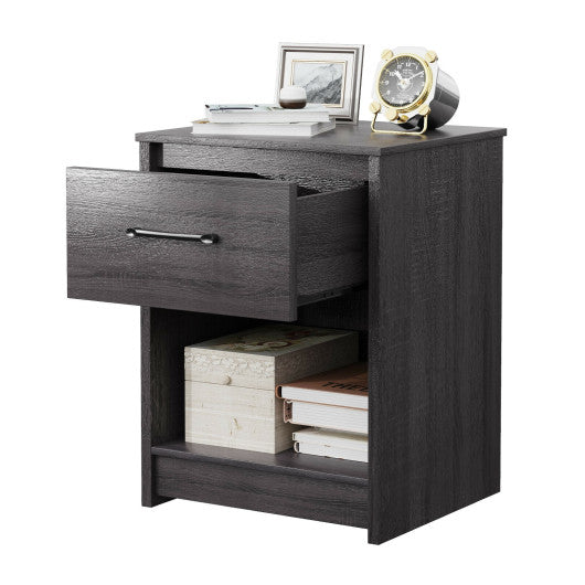 Wooden Nightstand with Drawer and Open Storage Compartment-Black