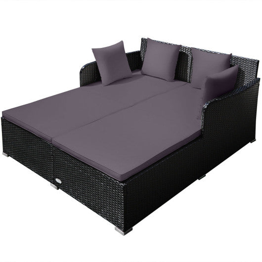 Spacious Outdoor Rattan Daybed with Upholstered Cushions and Pillows-Gray