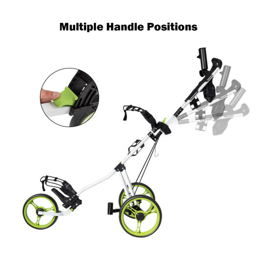 Foldable 3 Wheels Push Pull Golf Trolley with Scoreboard Bag-Green