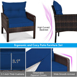 5 Pieces Patio Rattan Sofa Ottoman Furniture Set with Cushions-Navy