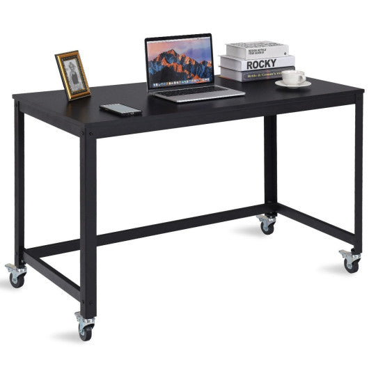 Wood Top Metal Frame Rolling Computer Desk Laptop Table-Black