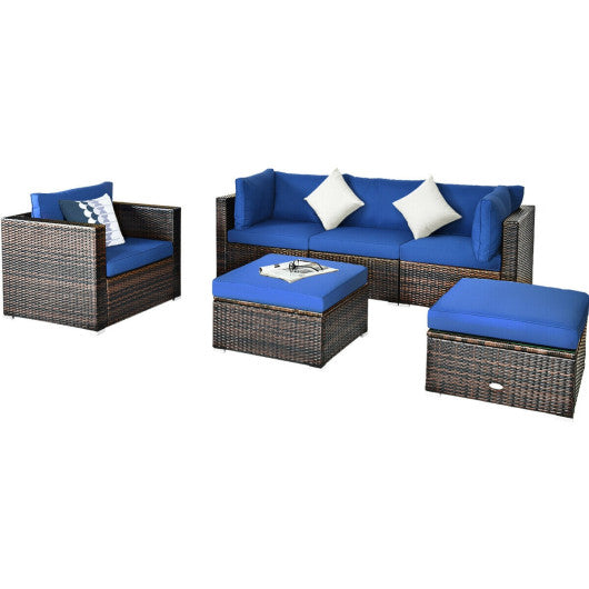 6 Pcs Patio Rattan Furniture Set with Sectional Cushion-Blue