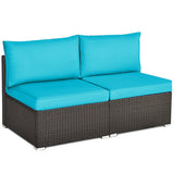 2 Pieces Patio Rattan Armless Sofa Set with 2 Cushions and 2 Pillows-Blue