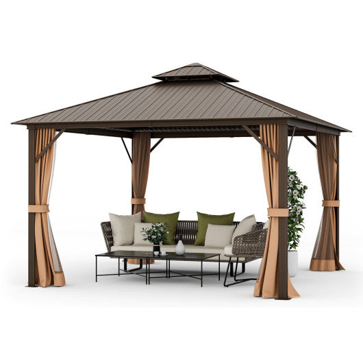 12 x 12 Feet Double-Roof Patio Hardtop Gazebo with Galvanized Steel Roof Netting and Curtains-Coffee