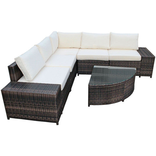 6 Piece Wicker Patio Sectional Sofa Set with Tempered Glass Coffee Table-White