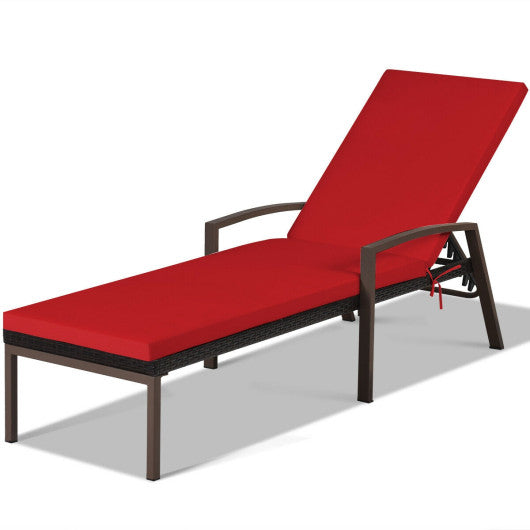 2 Pieces Patio Rattan Adjustable Back Lounge Chair with Armrest and Removable Cushions-Red